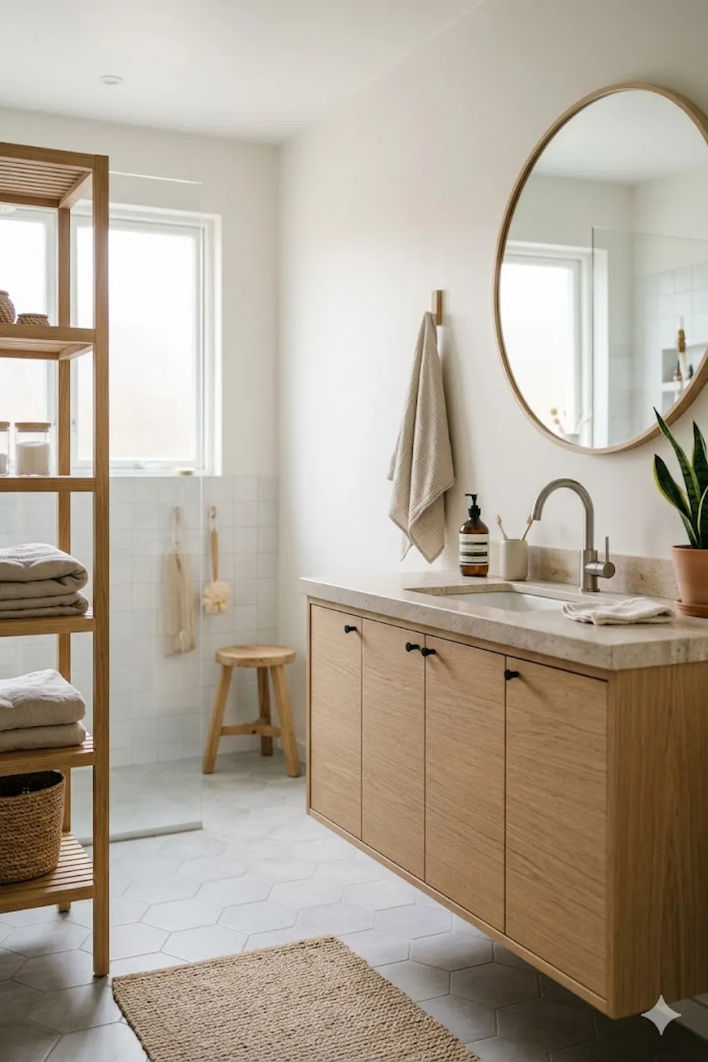 right Scandinavian bathroom featuring a light oak vanity cabinet and minimalist decor