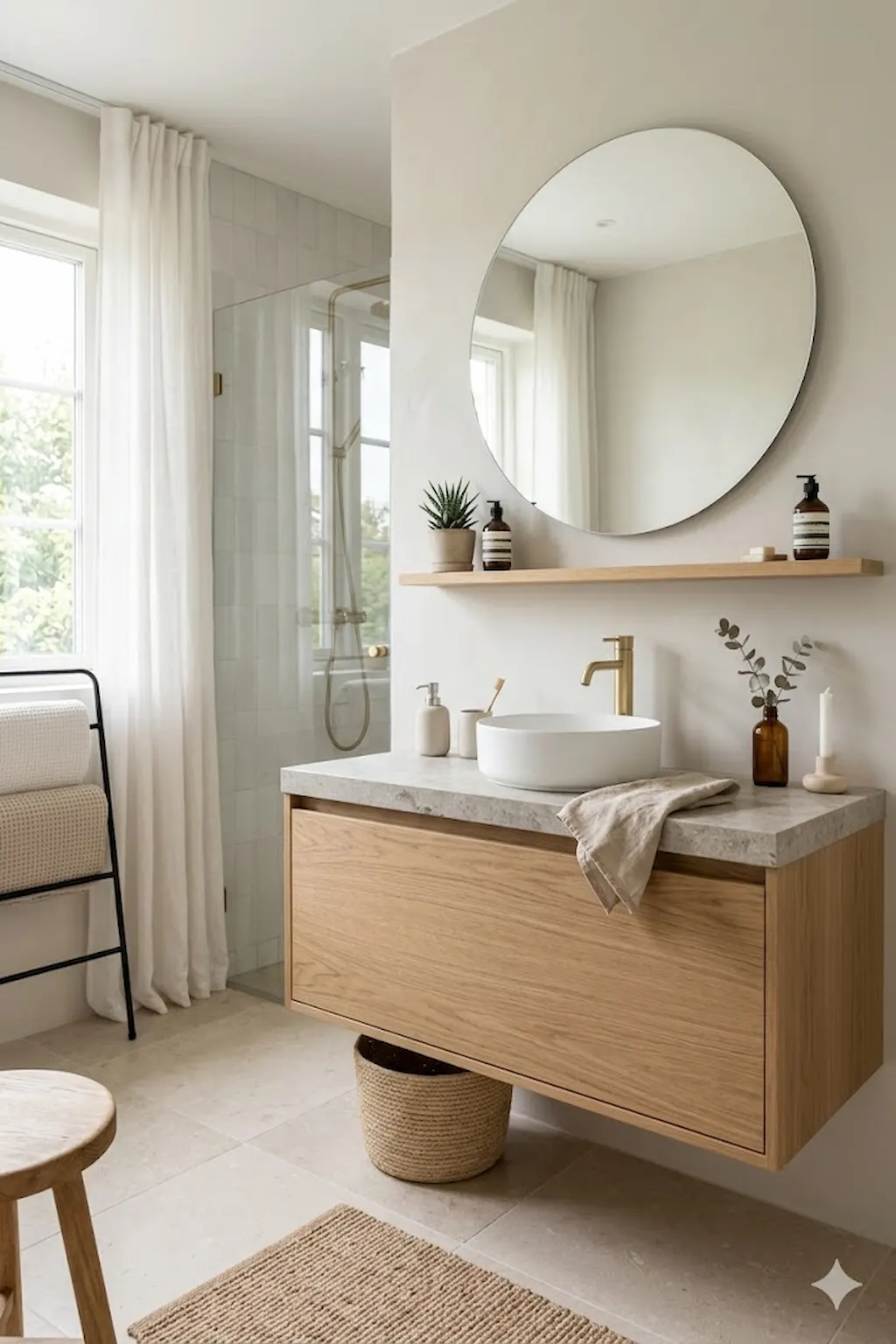 Minimalist bathroom featuring a light oak cabinet and Scandinavian-inspired decor