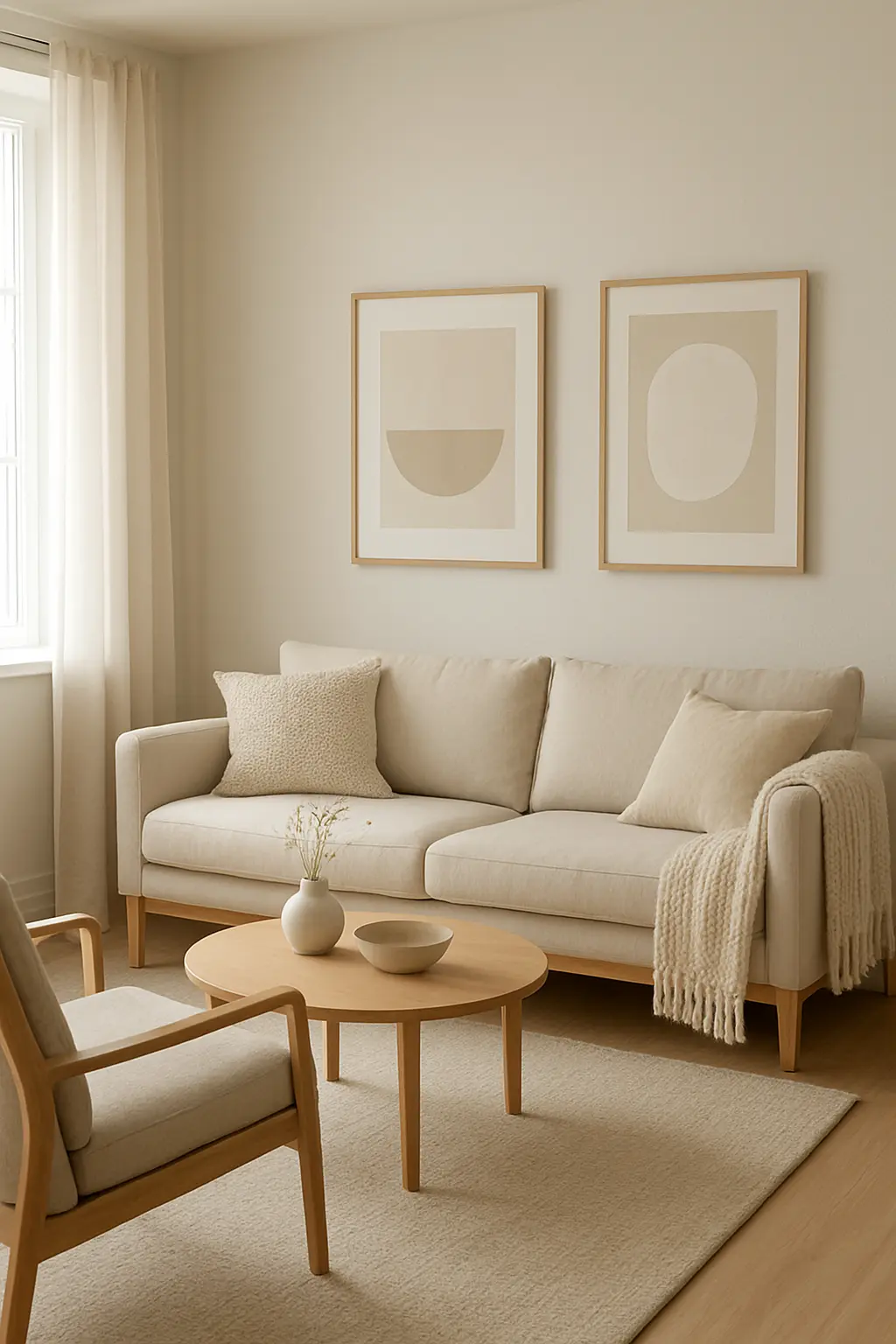 Scandinavian-inspired living room with simple wall decor and natural accents