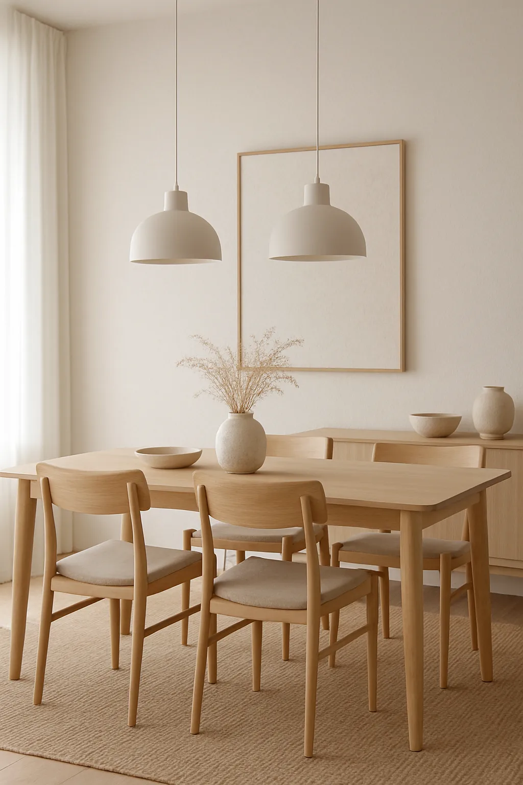 Scandinavian dining room featuring minimalist pendant lighting