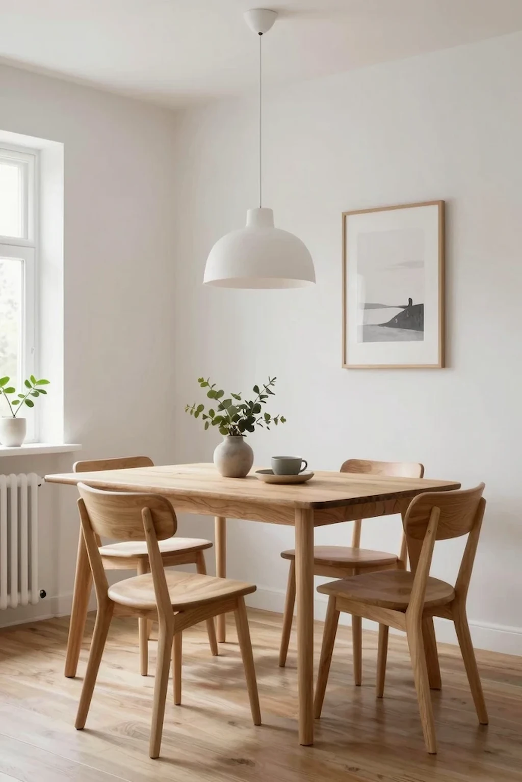 Scandinavian dining room with light wood furniture and minimalist decor