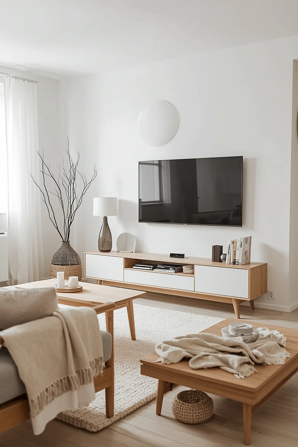 Scandinavian-style TV room with light wood furniture and minimalist decor