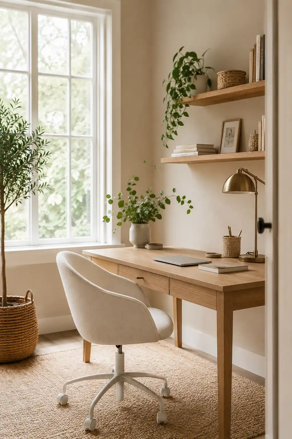 Scandinavian-style study area with light wood furniture and neutral decor