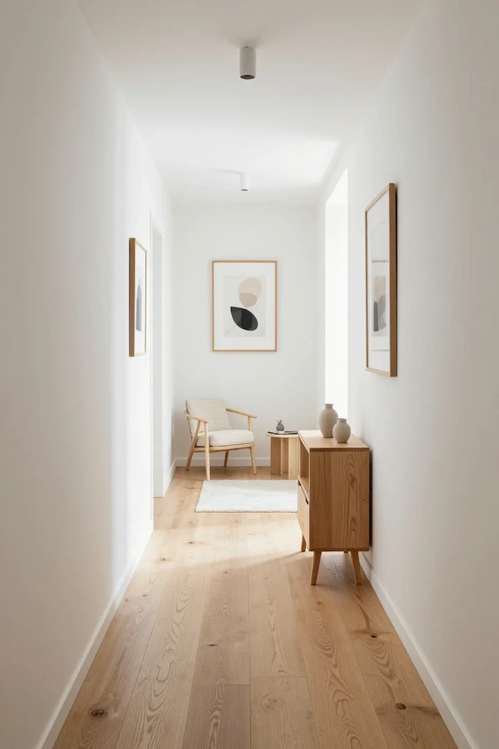 Minimal Scandinavian hallway with light wood accents and simple neutral decor