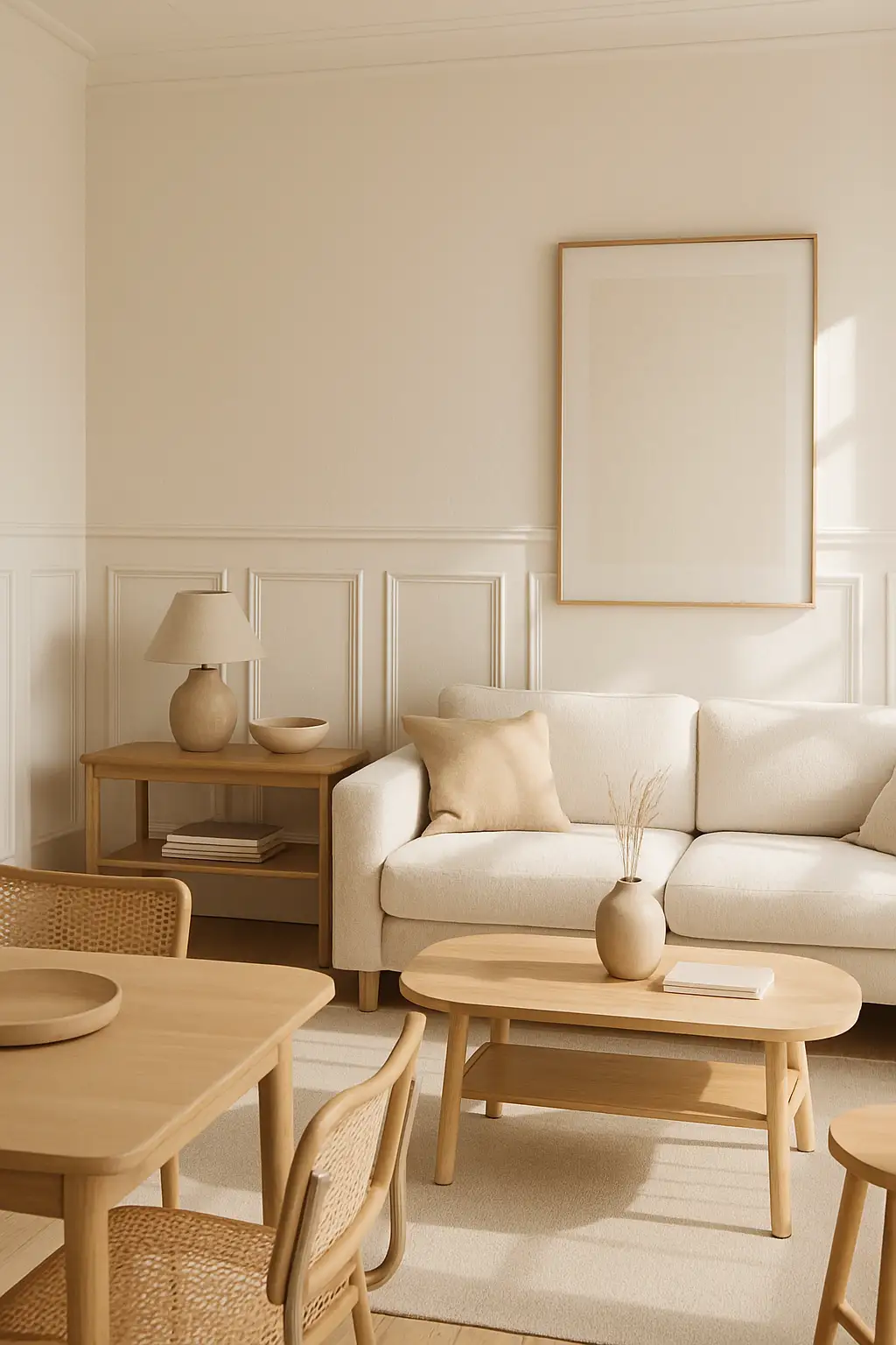 Scandinavian living room with light-colored wainscoting and natural wood accents
