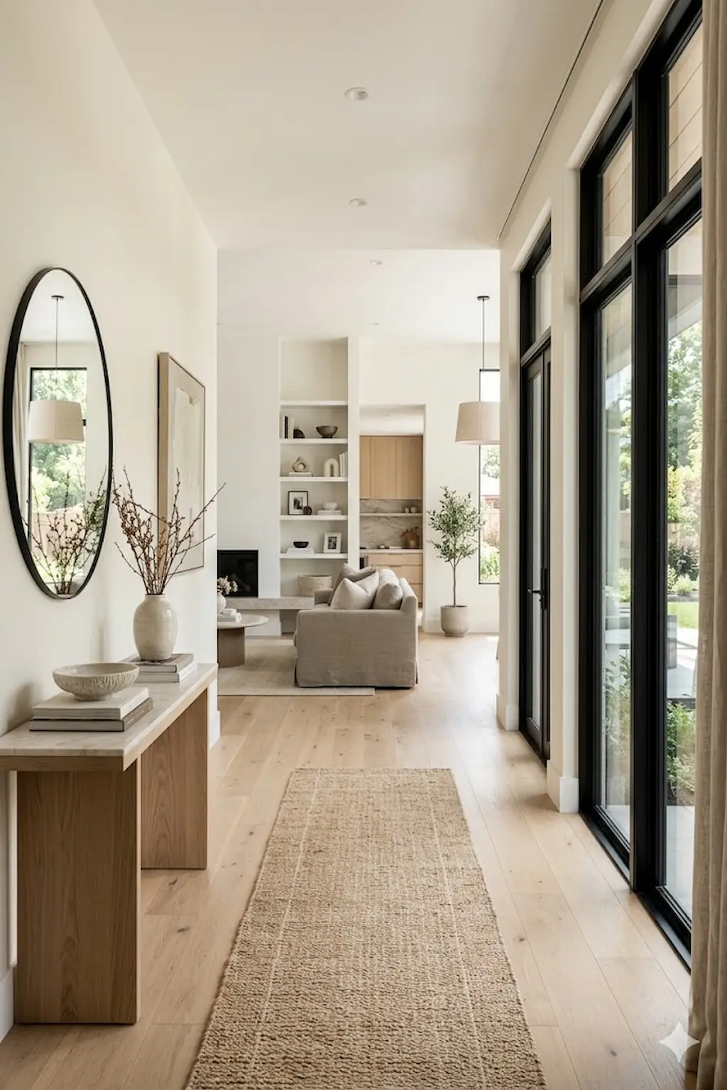 Hallway designed with cohesive colors and decor that connect to surrounding rooms