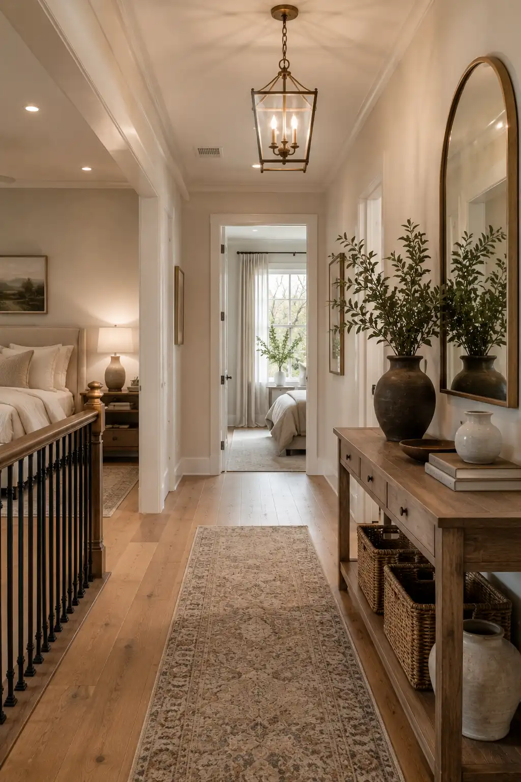 Beautiful upstairs hallway connected harmoniously with surrounding rooms through cohesive decor