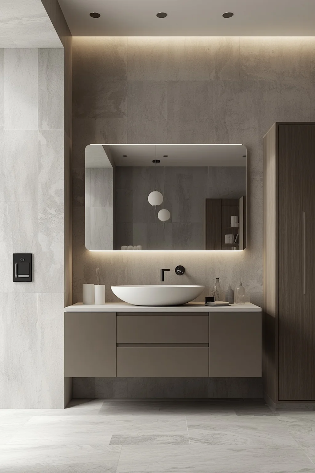 Contemporary bathroom featuring minimalist handleless cabinetry with clean lines