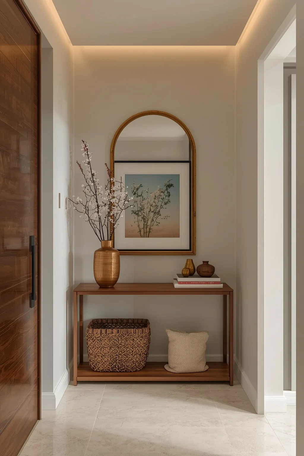 Tiny hallway with a narrow console table and decorative accents