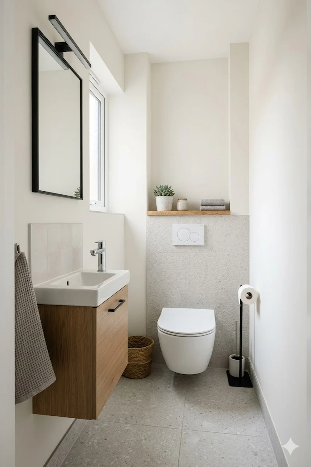 Small bathroom featuring slim-profile toilet, vanity, and sink designed for tight spaces
