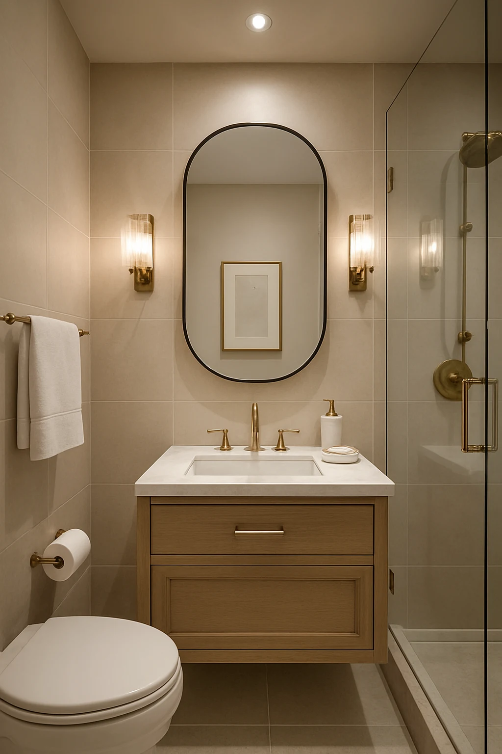 Stylish small toilet room featuring carefully selected fixtures, lighting, and accessories