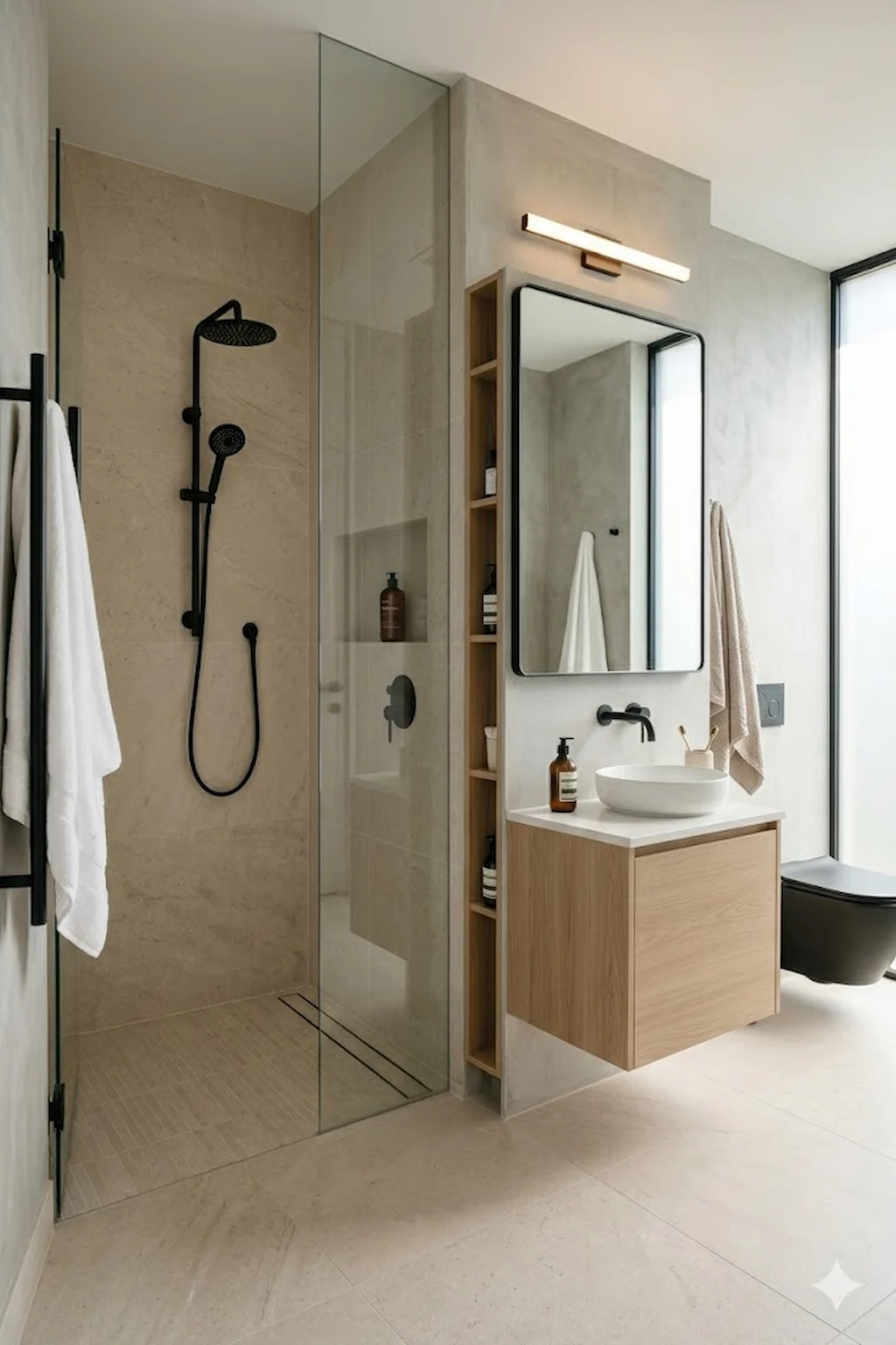Compact walk-in shower maximizing space in a small modern bathroom