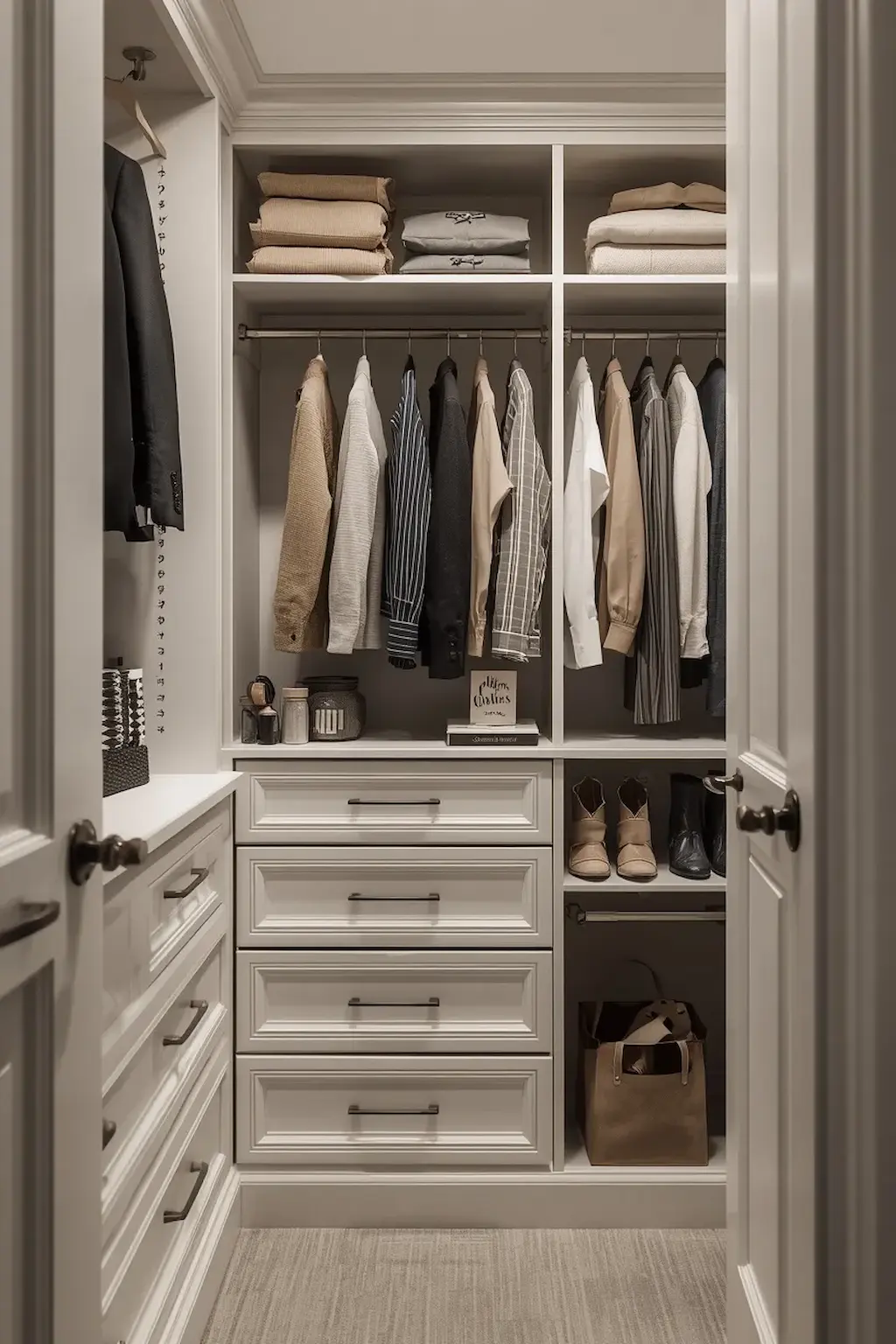 Closet featuring hidden drawer storage and organized clothing compartments