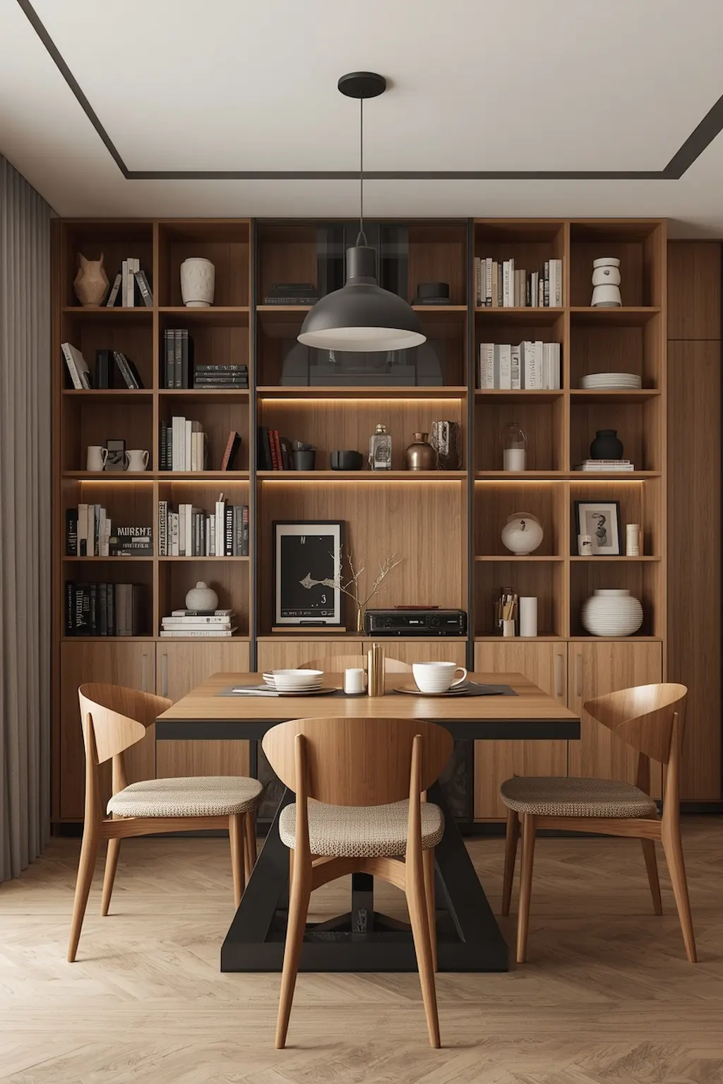 Modern dining room with floating shelves and vertical storage solutions