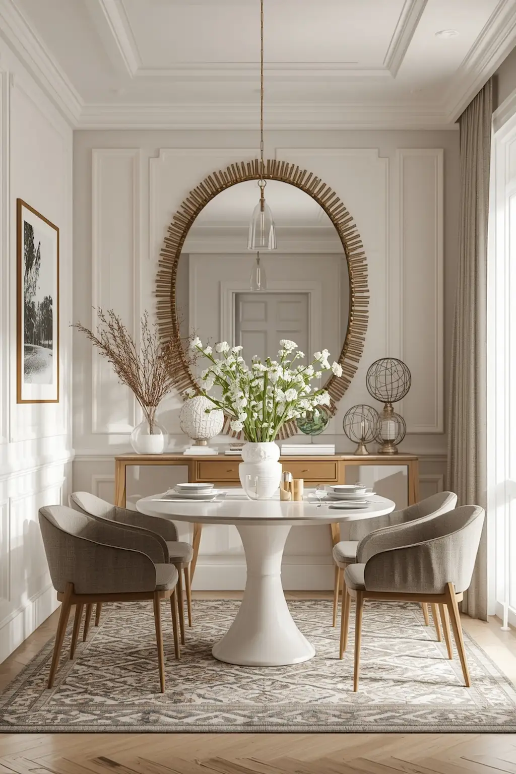 Compact dining room featuring a large wall mirror to expand the space visually