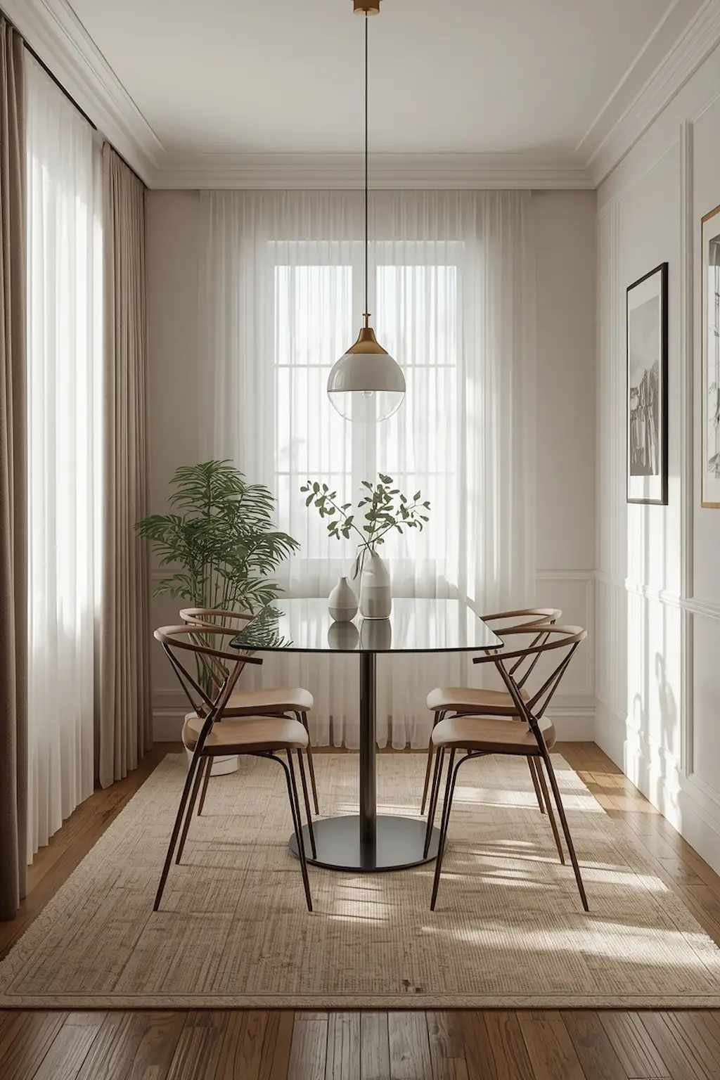 Elegant dining room featuring a modern glass dining table and stylish chairs