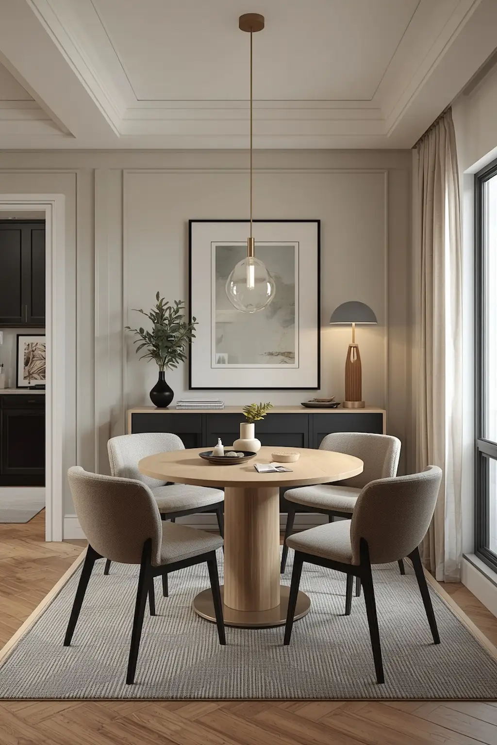 Modern small dining room featuring a round dining table and upholstered chairs