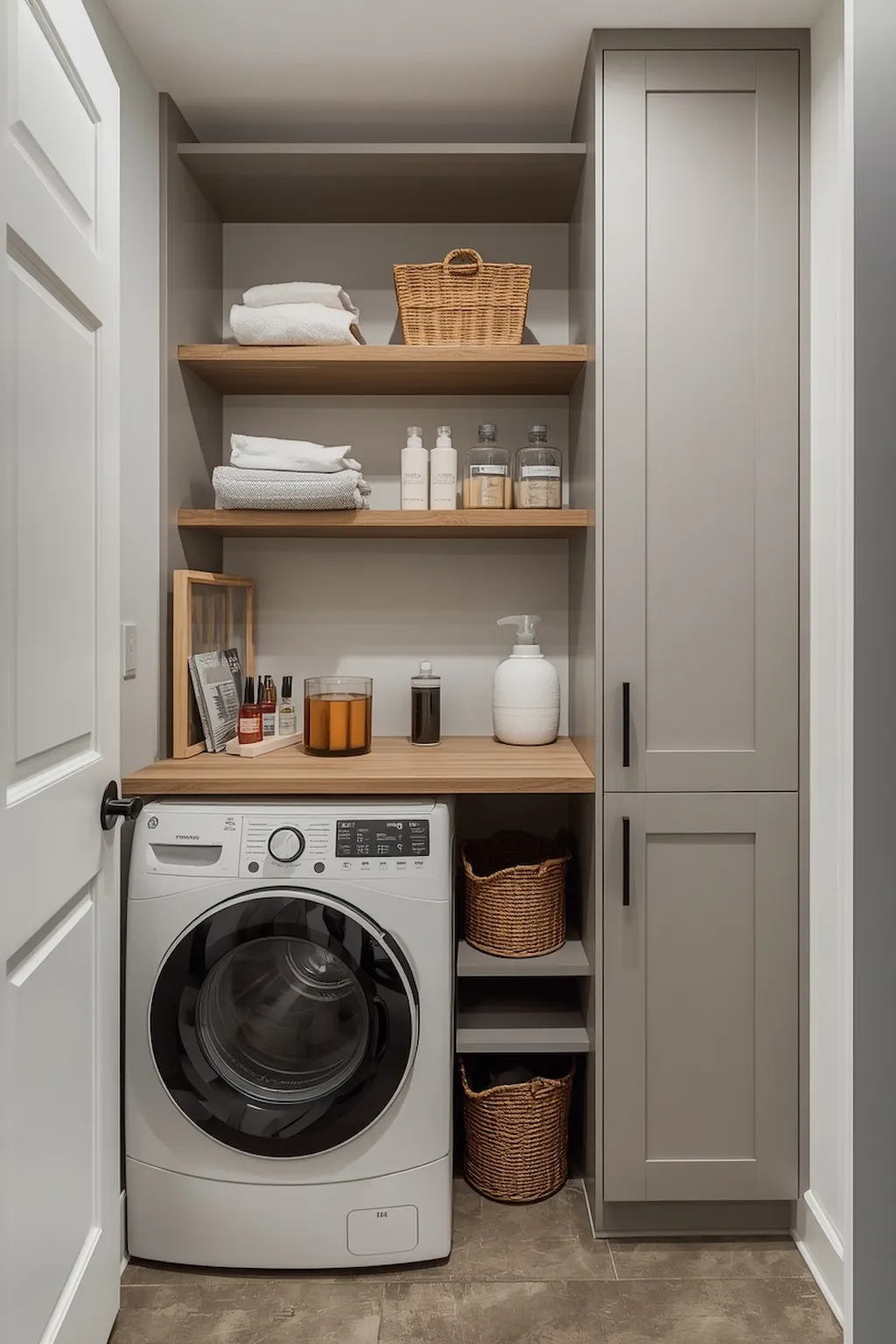 Compact laundry nook with washer dryer set and smart storage solutions