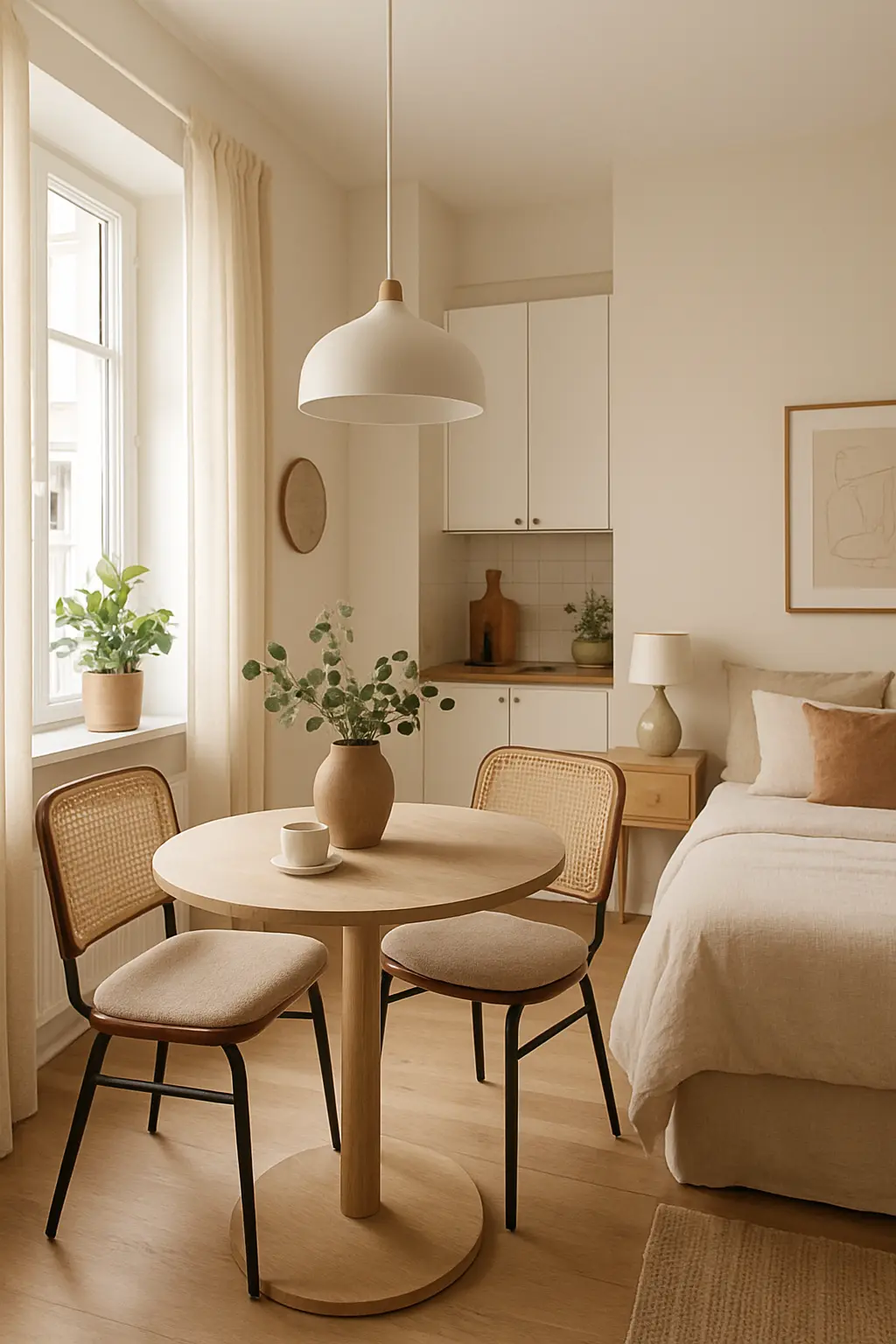 Compact dining area inside a beautifully designed studio apartment