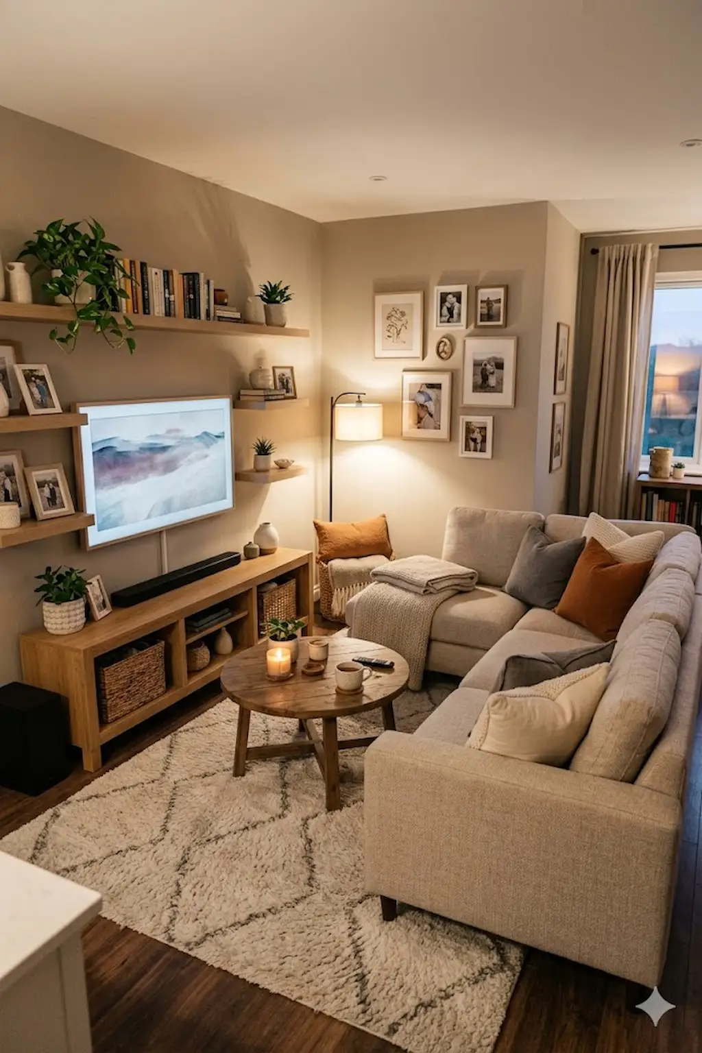 Cozy TV room featuring a compact sectional sofa positioned across from a television