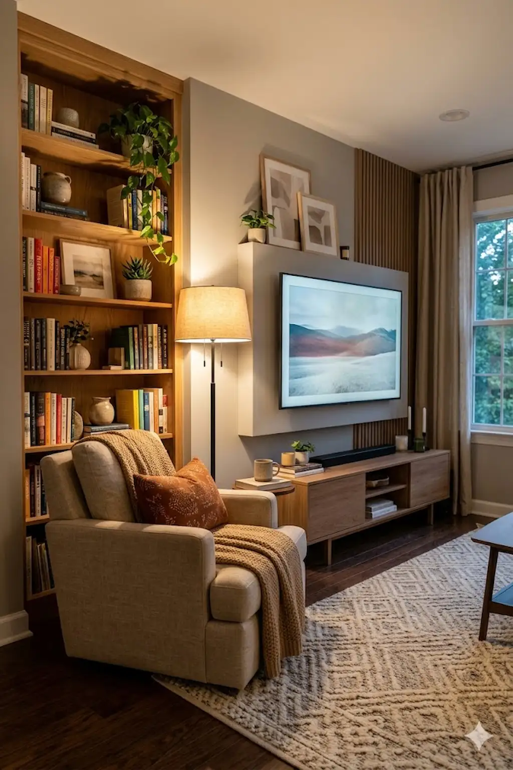 TV room featuring a comfortable reading nook beside the entertainment area