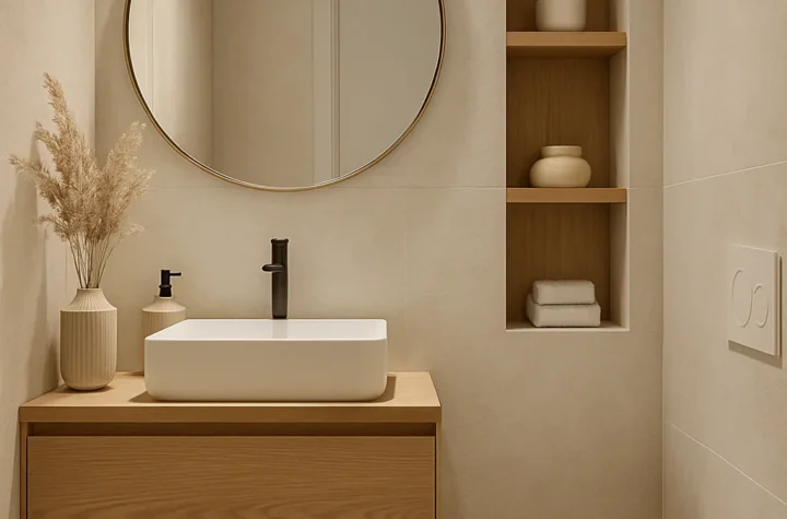 Modern small toilet room featuring smart storage, floating vanity, large mirror, neutral colors, and space-saving bathroom design ideas