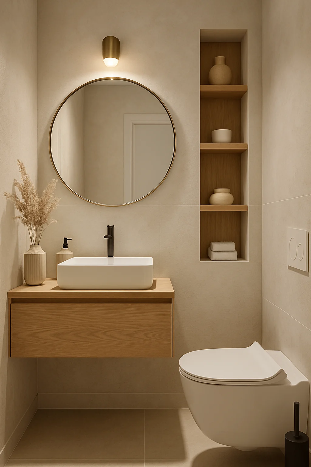 Modern small toilet room featuring smart storage, floating vanity, large mirror, neutral colors, and space-saving bathroom design ideas