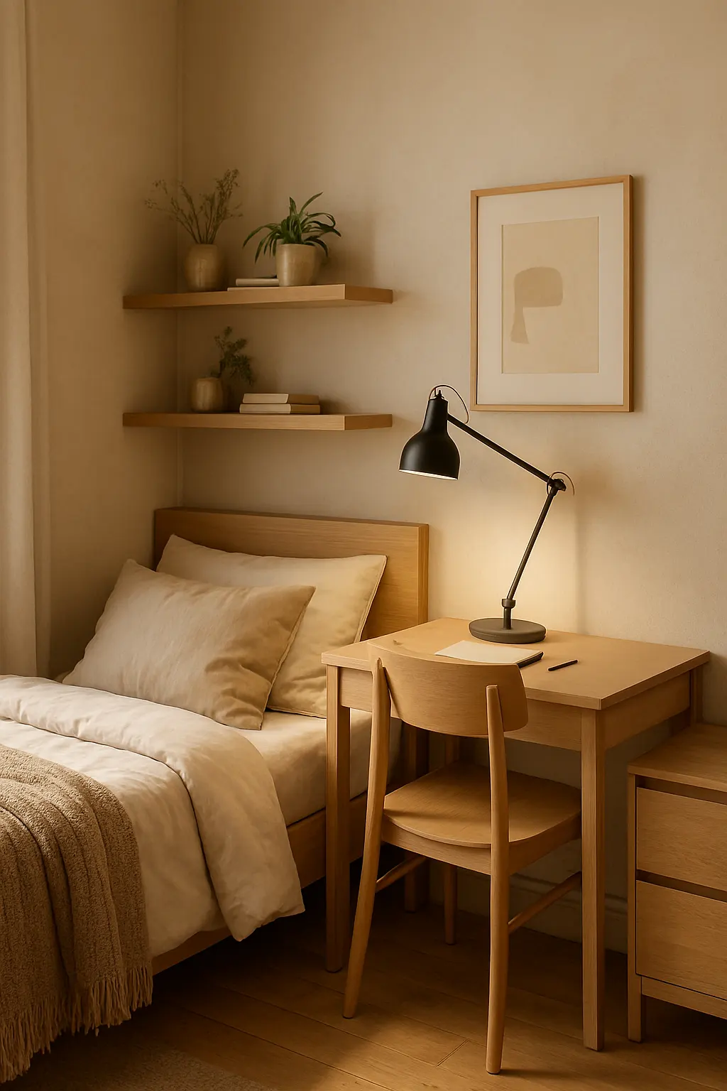 Small bedroom study corner with desk beside the bed