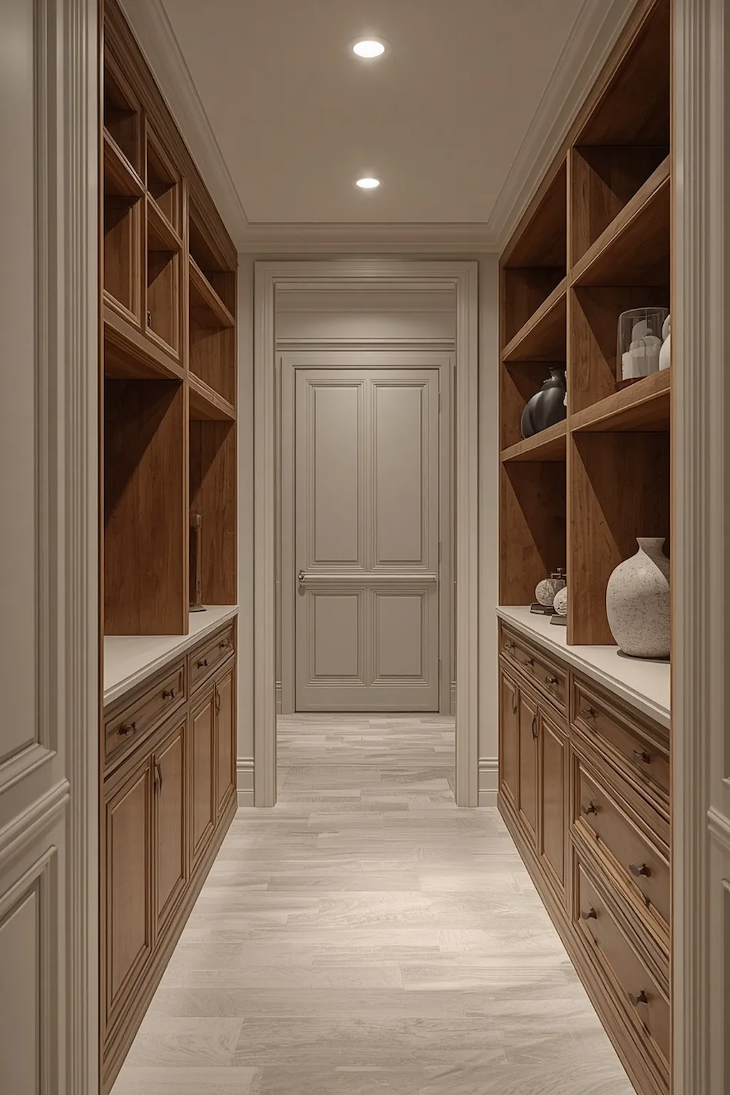 Upstairs hallway featuring custom built-in cabinets and shelves for stylish storage solutions