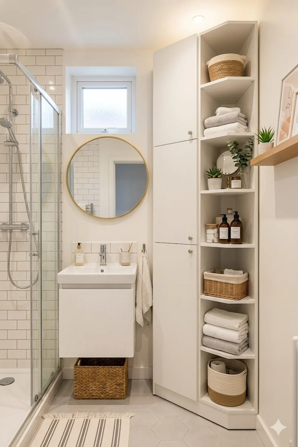 Compact bathroom utilizing a corner cabinet for efficient storage and organization