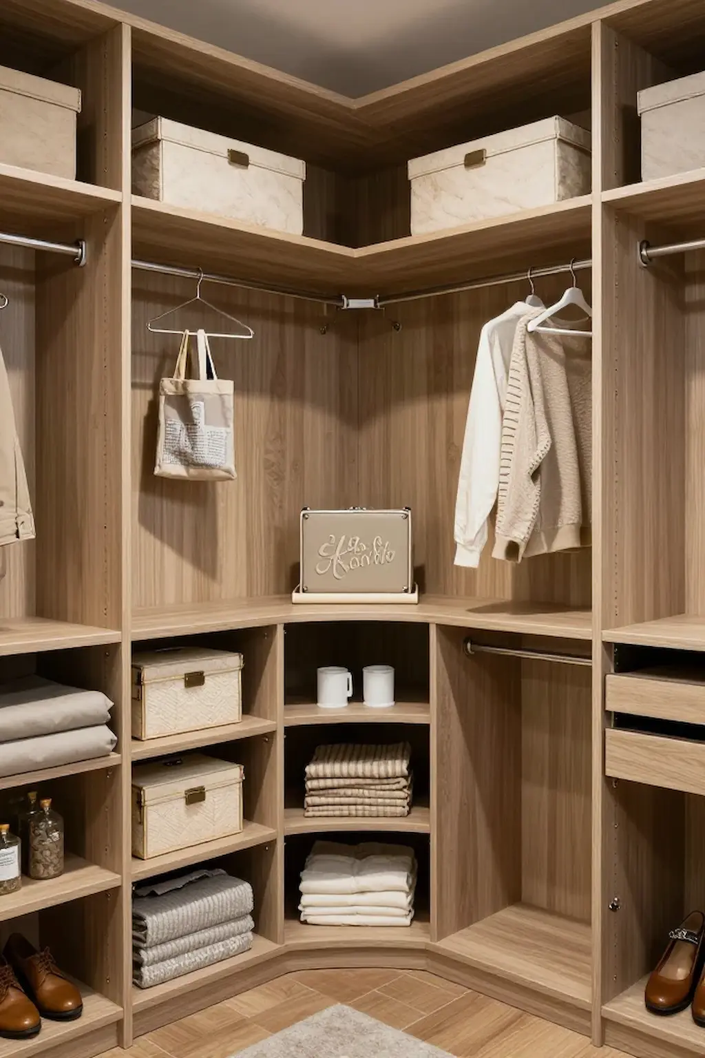 Small closet utilizing corner shelves and hanging storage for extra organization