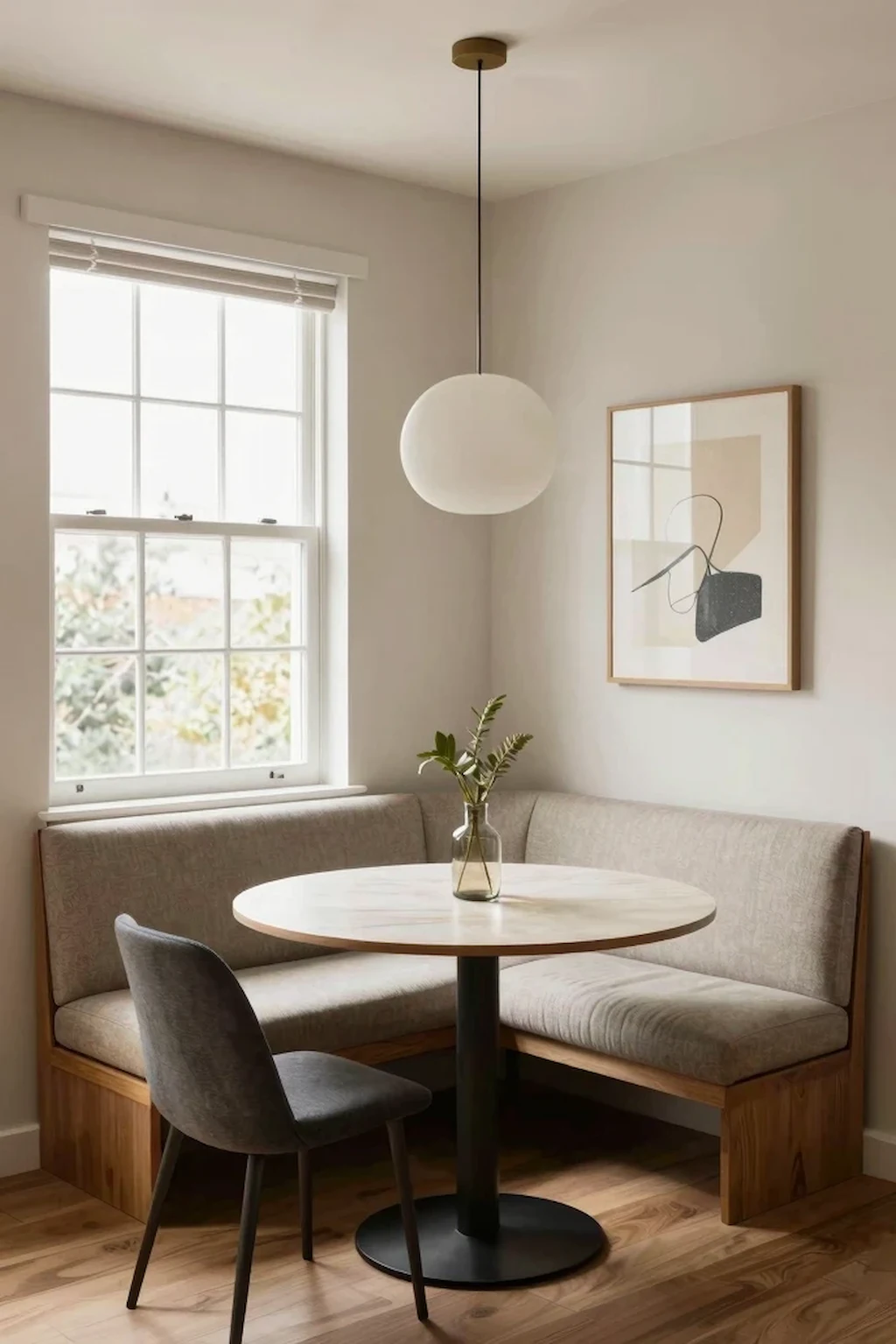 Small dining room with corner bench seating and compact dining table