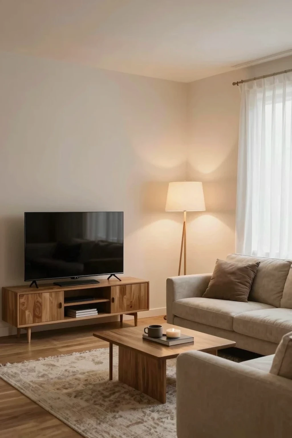 Small TV room with television placed in the corner and cozy seating arrangement
