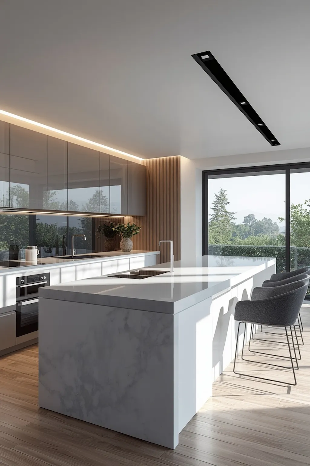 High-tech modern kitchen with smart appliances and lighting