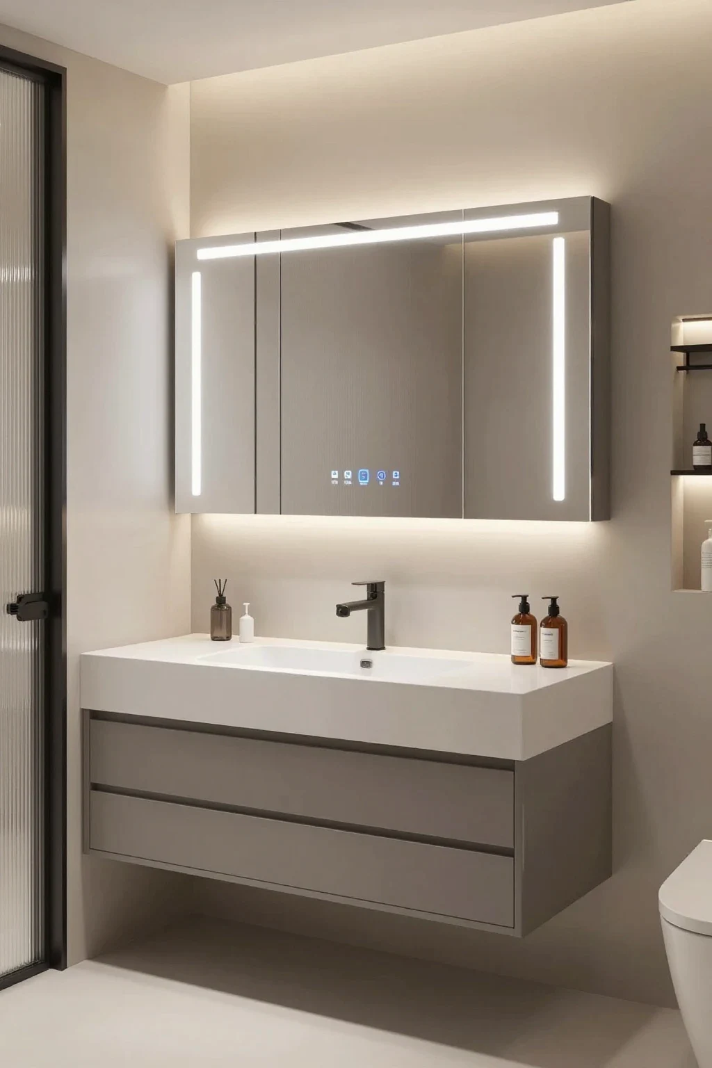 Modern bathroom featuring a smart cabinet with integrated LED lighting and mirror