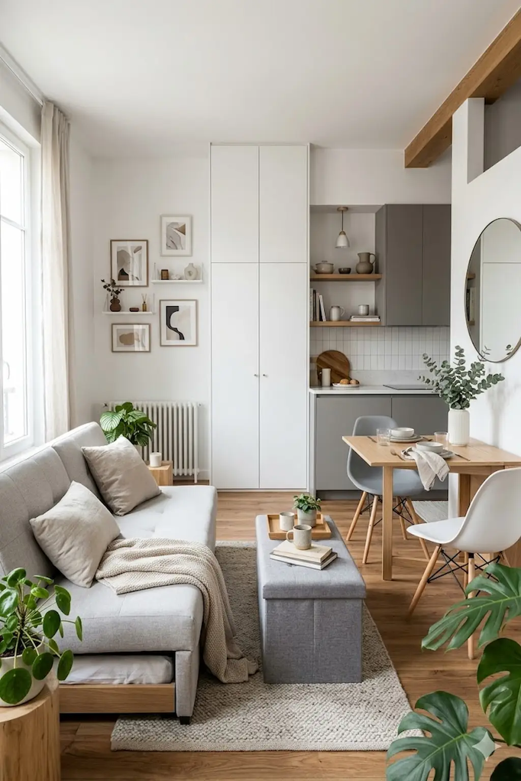 Small studio apartment featuring multifunctional furniture and space-saving layout ideas