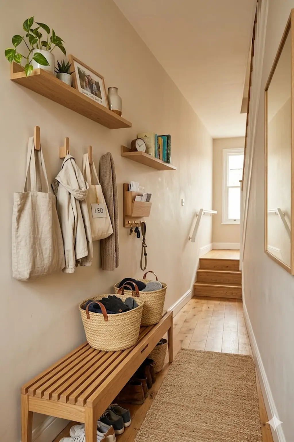 Tiny hallway featuring wall-mounted storage and hooks for organization