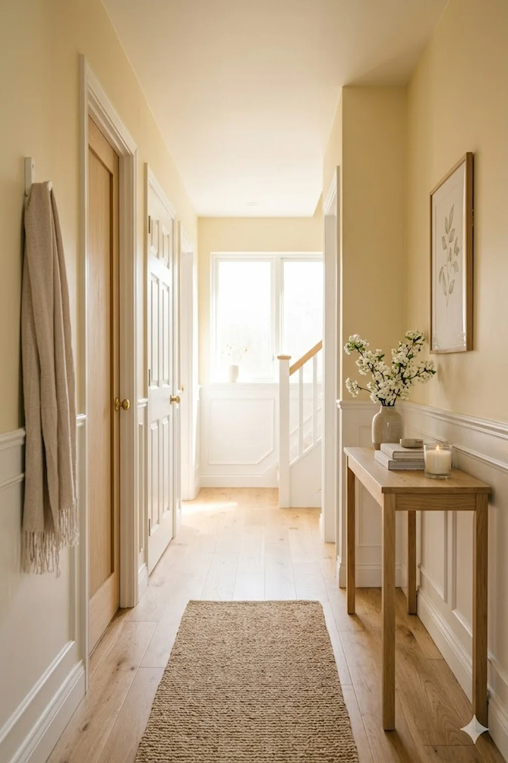 Bright hallway featuring soft butter yellow walls, white trim, and natural wood flooring