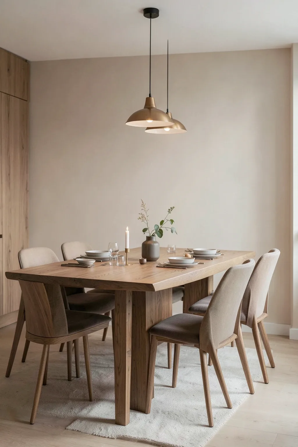 Dining room with a warm beige accent wall and minimalist styling