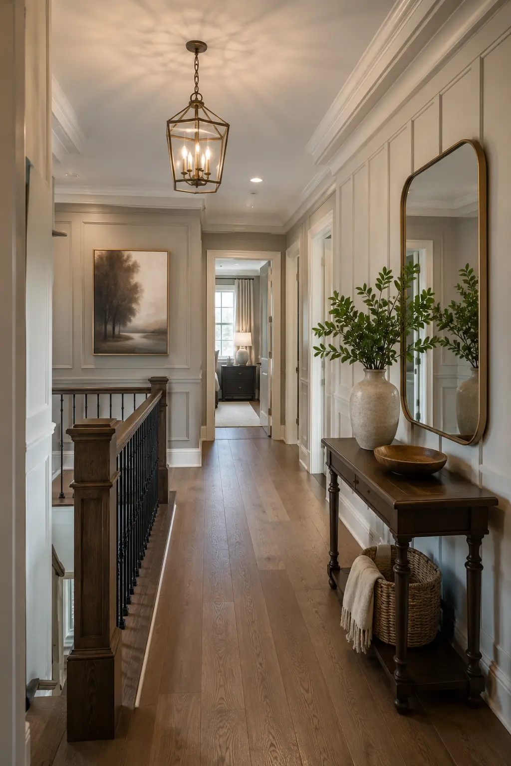 Elegant upstairs hallway featuring wall molding and architectural panel details
