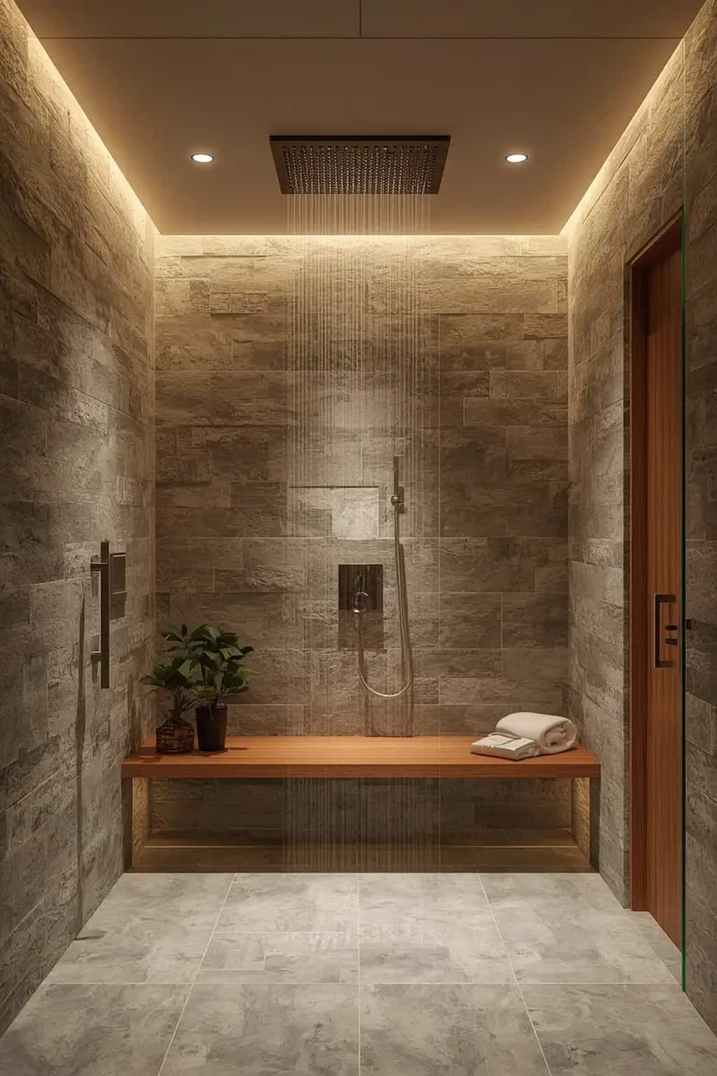 Relaxing walk-in shower featuring a ceiling-mounted rainfall showerhead