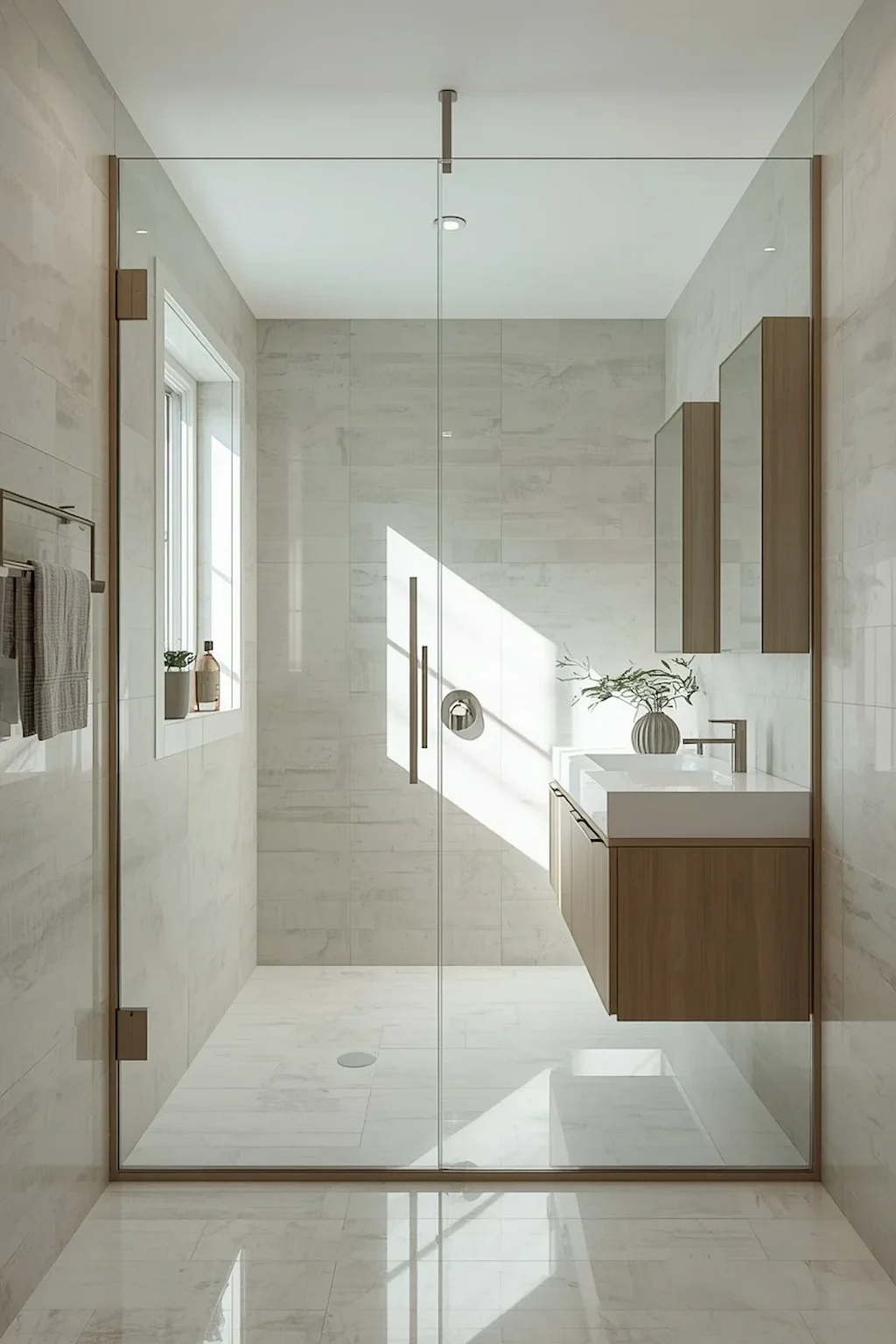 Small bathroom with a curbless shower creating an open and spacious feel.