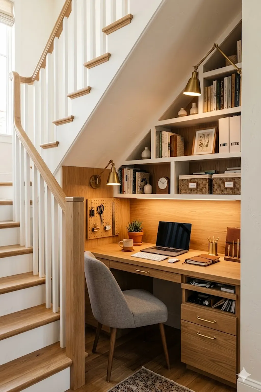 Modern floating desk workspace with shelves in a small room