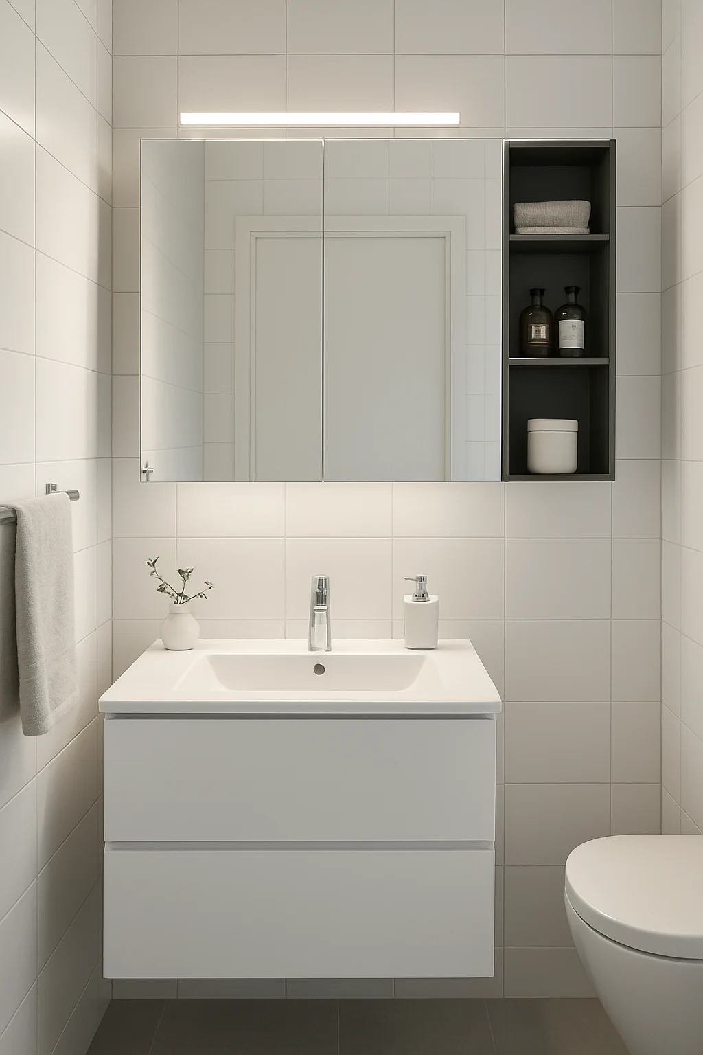 Compact bathroom featuring a mirrored medicine cabinet with hidden storage