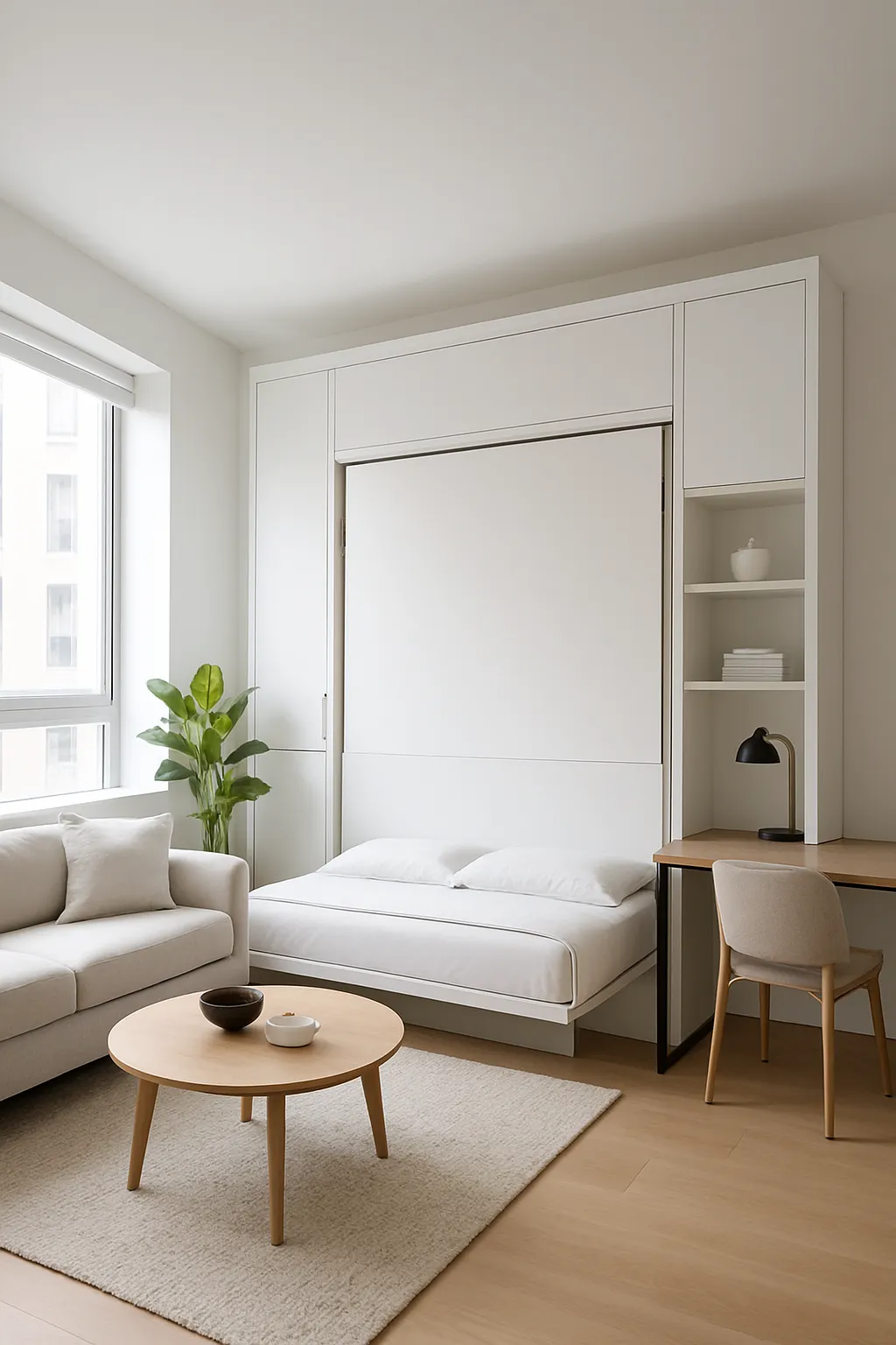 Modern studio apartment with fold-away Murphy bed and smart storage