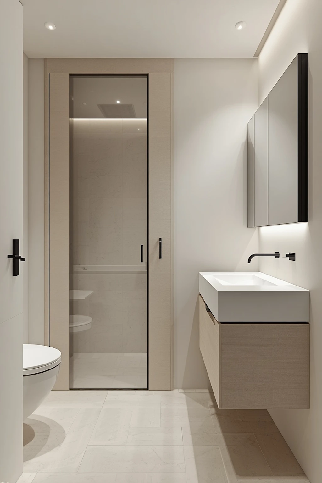 Small toilet room using a pocket door to maximize usable floor space