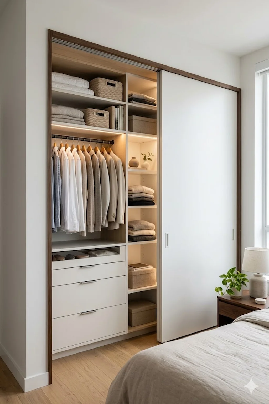 Modern small bedroom closet with stylish sliding doors and organized interior