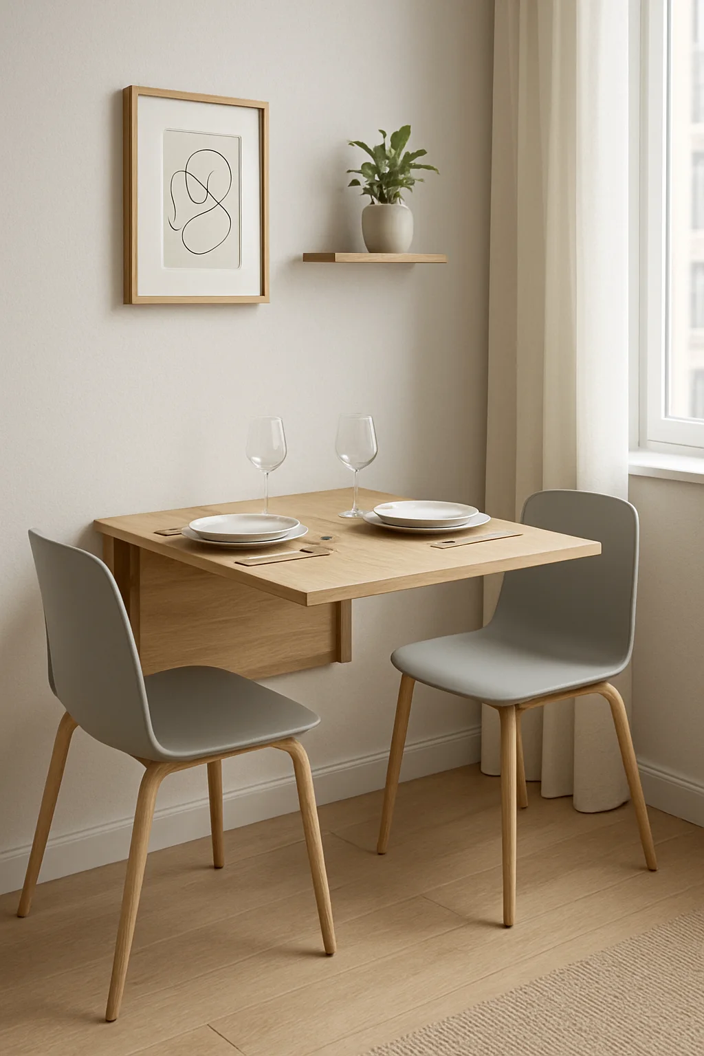 Compact dining area featuring a fold-down wall-mounted dining table