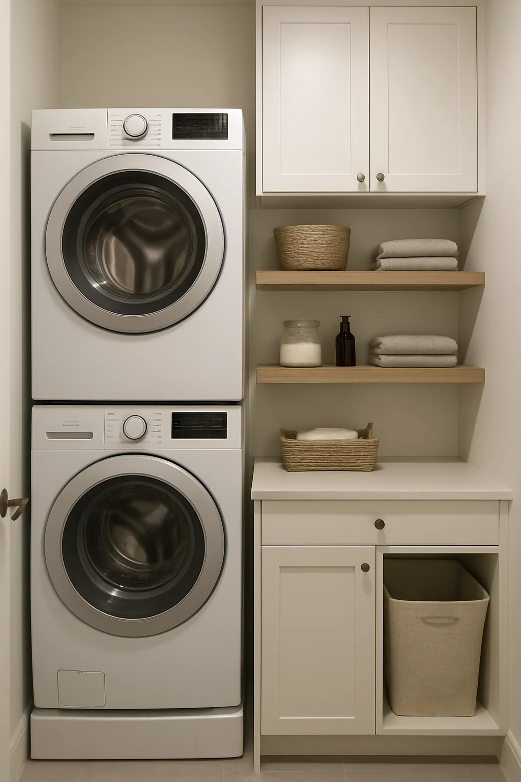Compact laundry room with stackable washer and dryer maximizing vertical space