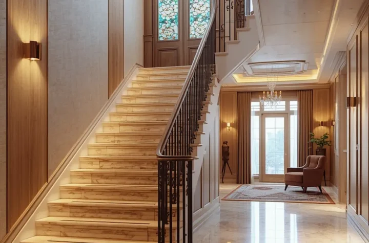 Bright Scandinavian staircase with light oak steps, white walls, and glass railings